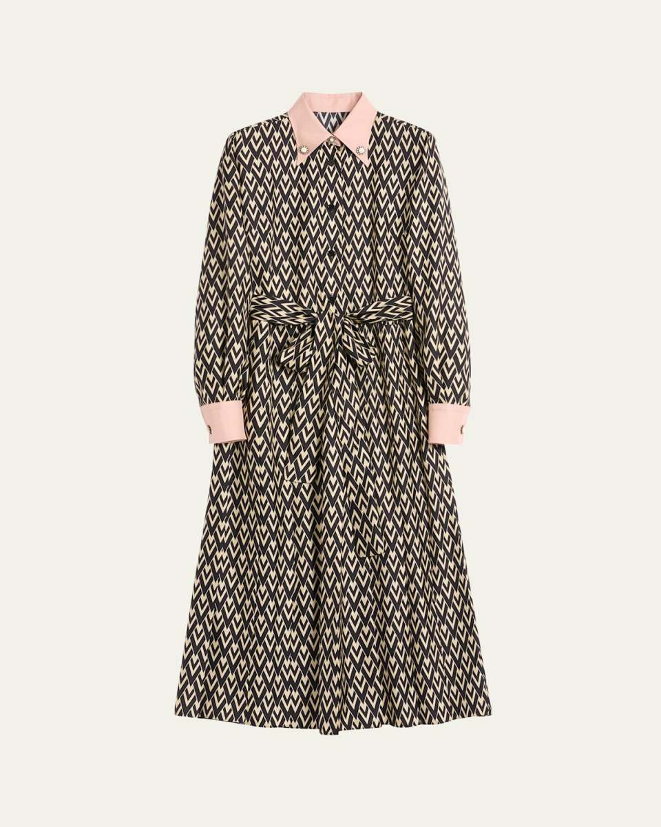 V Print Belted Twill Midi Dress